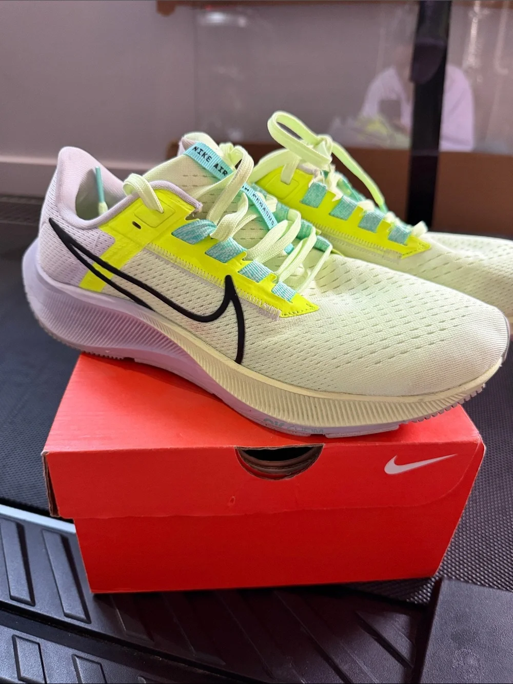 Nike Running Shoes - White with Neon Yellow & Black Swoosh size 8 1/2 women’s